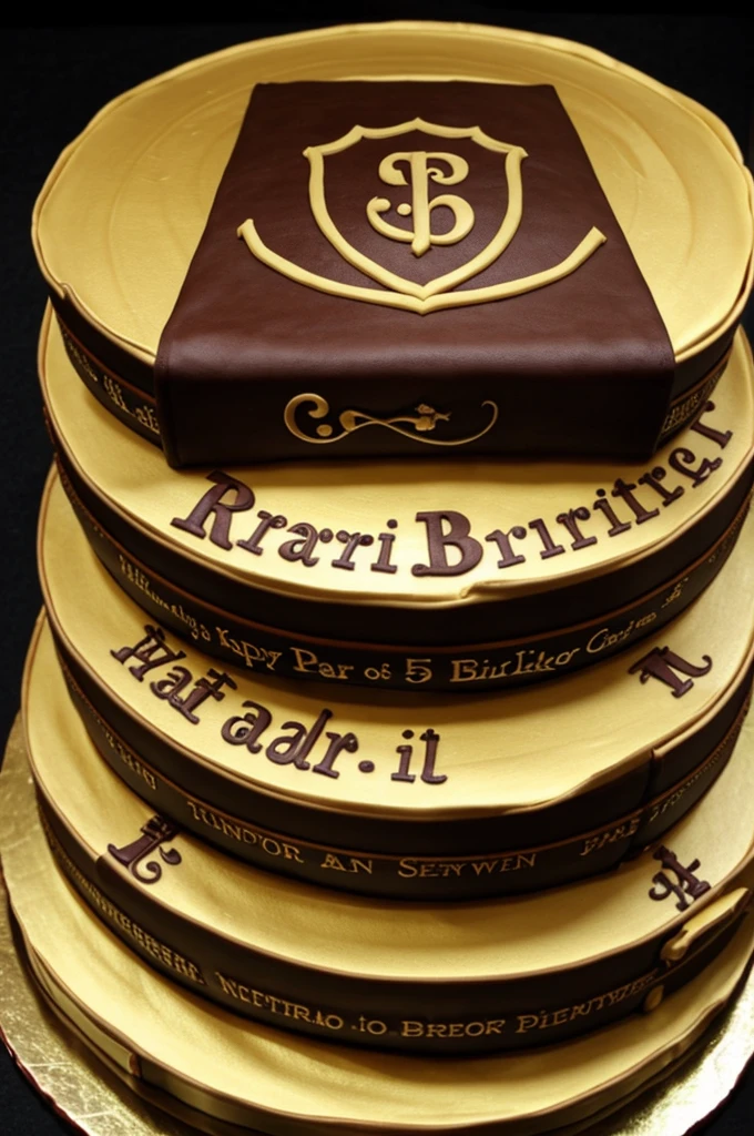 A cake in the shape of a Harry Potter book with scrolls