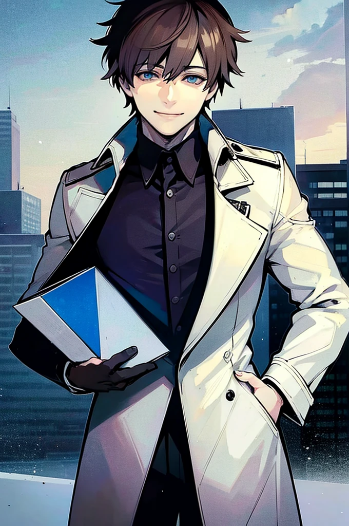 young man, brown hair, blue eyes, smiling, medium hair, wearing a pure white trench coat, wearing black pants, in one city, 4k, detailed, sui ishida art style, detailed eyes,
