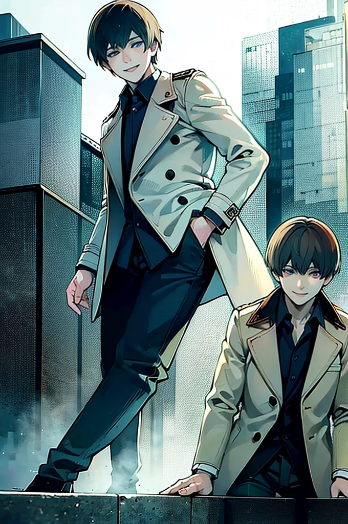 young man, brown hair, blue eyes, smiling, medium hair, wearing a pure white trench coat, wearing black pants, in one city, 4k, detailed, sui ishida art style, detailed eyes,
