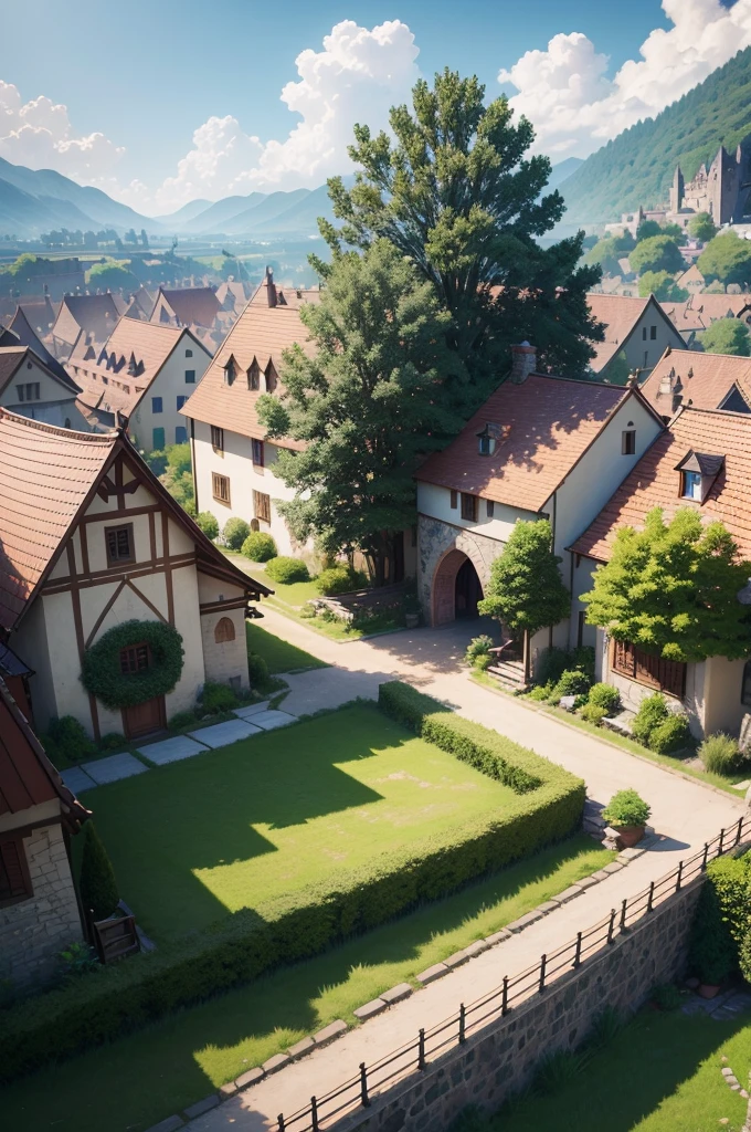 beautiful and elegant scenery of a huge medieval and fantasy-like village nestled between several trees and such, the view should be behind a few village houses to set the dynamic view, the sun is shining brightly from above, cinematic, realistic shading and lighting, 4k, 8k, anime, anime drawing, anime sketch, anime style, anime illustration, anime screenshot  
