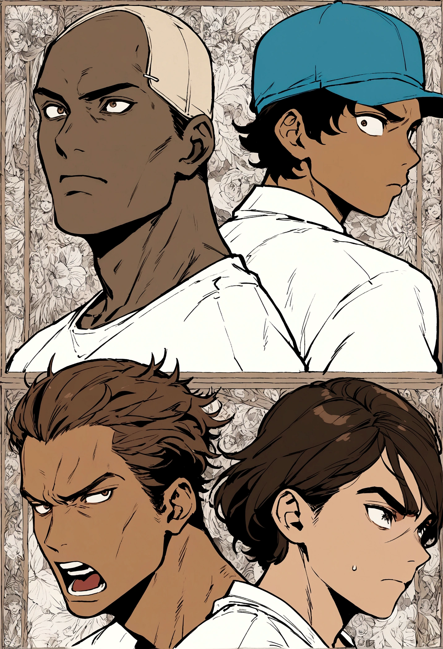two boys one of them has short hair and wears a cap the other has hair with bangs and wears a cap, brown skin color, your facial expressions are serious, are Latinos