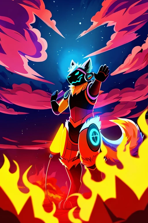 "Create a highly detailed scene featuring a light blue furry protogen, an anthropomorphic wolf, standing in the foreground facing the camera and waving. The protogen has expressive, friendly eyes and intricate fur details. In the background, a helicopter is exploding mid-air, with flames and smoke billowing out dramatically. The explosion should be vivid and dynamic, with bright fiery colors and swirling smoke contrasting against the calm, cheerful demeanor of the protogen. The overall composition should highlight the juxtaposition between the intense background action and the serene front-view figure."vibrant colors, cel shading, outline, white outline