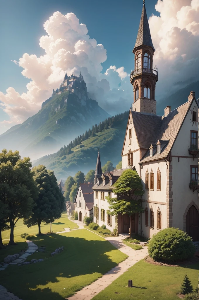 beautiful and elegant scenery of a huge medieval and fantasy-like village nestled between several trees and such, the view should be behind a few village houses to set the dynamic view, the sun is shining brightly from above, cinematic, realistic shading and lighting, 4k, 8k, anime, anime drawing, anime sketch, anime style, anime illustration, anime screenshot