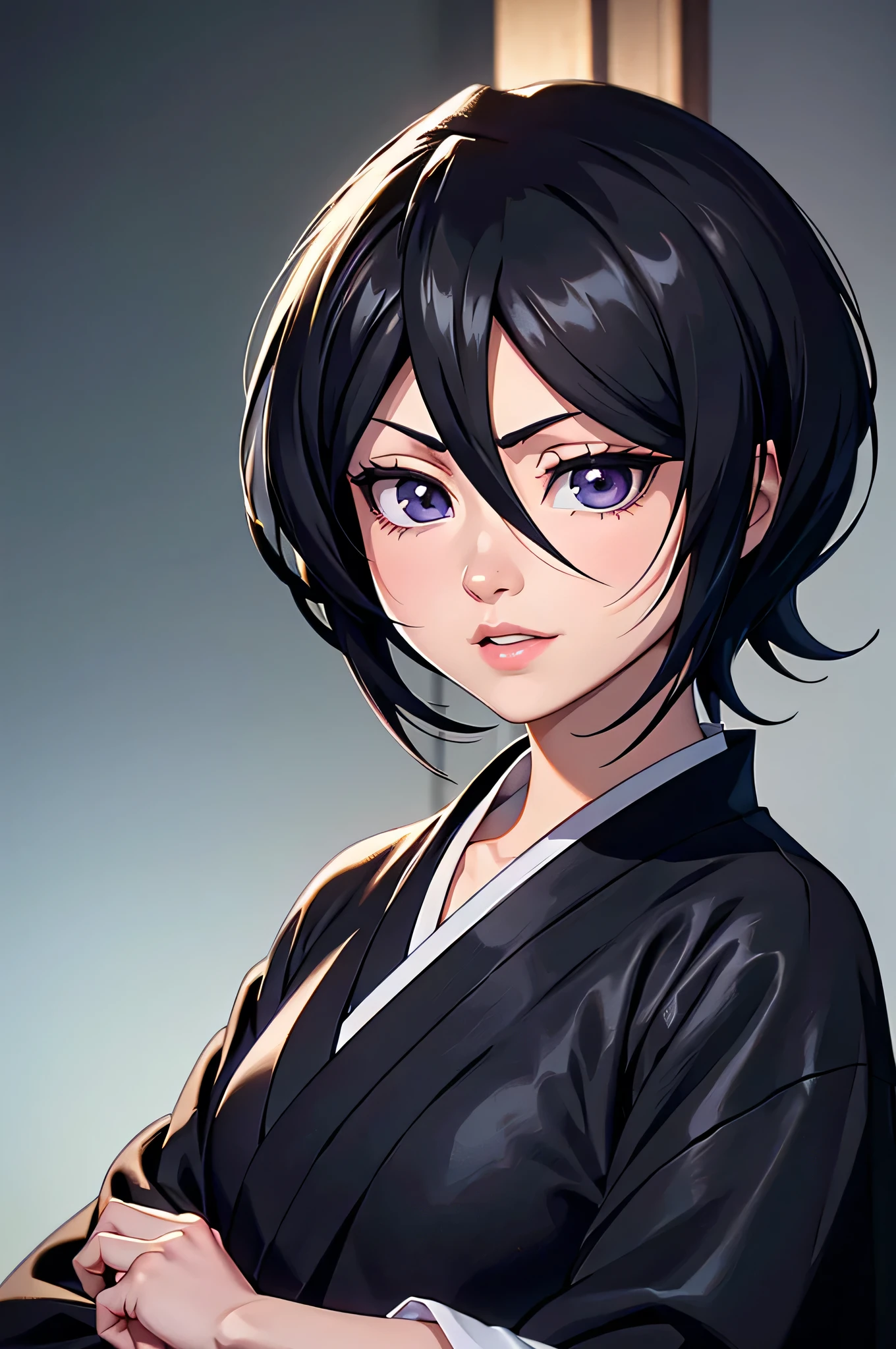 rich in detail, Incredible color strokes and detailed lighting, amazing detailed face, amazing detailed hair, incredible detailed eye, amazing detailed nose, amazing detailed lips. Face of a young and beautiful girl wearing a black kimono with her short black hair, and with a smile on her face rukia kuchiki.