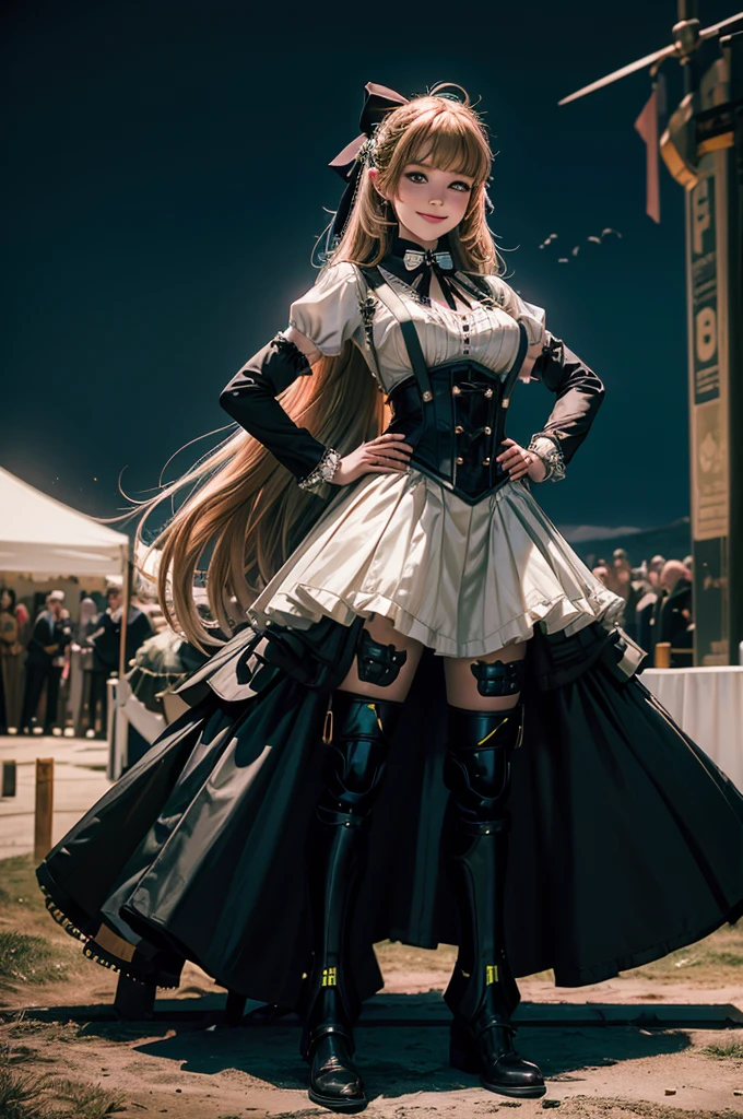 1girl, solo, smile, hands on hips, underbust, Penny Polendina, long hair, neck ribbon, suspender skirt, corset, black bow, white blouse, mechanical legs, neon trim, hands on hips, outdoors, military wedding, lavish wedding reception, on hillside, overlooking coast, sea, crowd, (crowd in military dress),