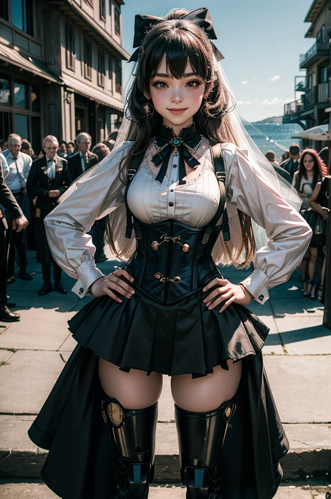 1girl, solo, smile, hands on hips, underbust, Penny Polendina, long hair, neck ribbon, suspender skirt, corset, black bow, white blouse, mechanical legs, neon trim, hands on hips, outdoors, military wedding, lavish wedding reception, on hillside, overlooking coast, sea, crowd, (crowd in military dress),