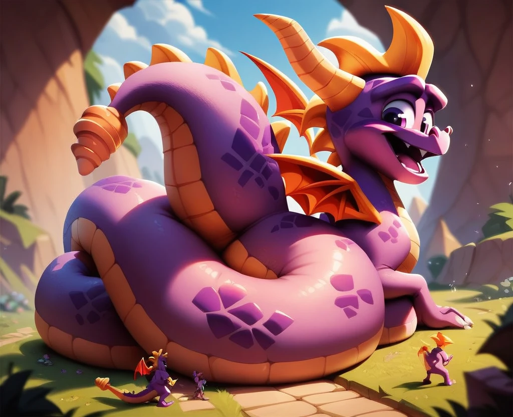 Spyro, wearing party hat, front view, vomiting cum, ((crying a lot)), open eyes, looking to viewer, eyes watering, legs open, ((knees on the floor)), full body, sited, cake on the floor, dungeon, chained, purple light, cum on the floor, black collar on the neck, (((pain face))), sad face, month full of cum, packets of sweets on the floor, thin arms, big thighs