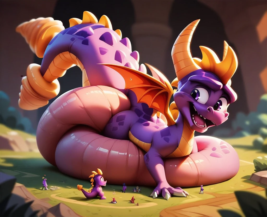 Spyro, macro, open mouth, full body, sitting on floor, back, ((thick tail bottom)), ((long tail, tail coiling)), legless