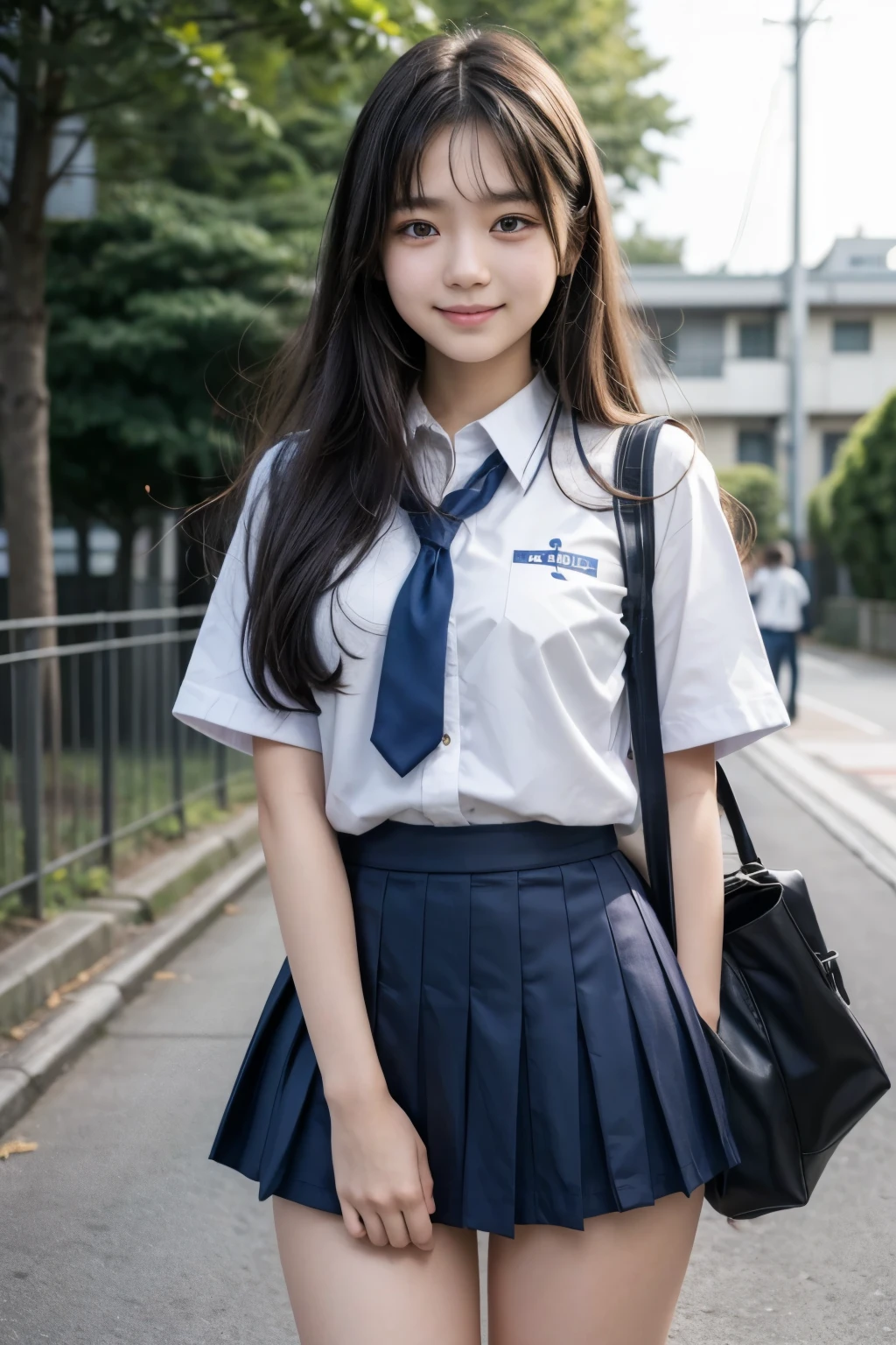  Japan girl, Semi-long hair, uniform, cute, smile, Thigh close-up、Look up at the camera、School,mini skirt,high school student,I can see your pants,rape