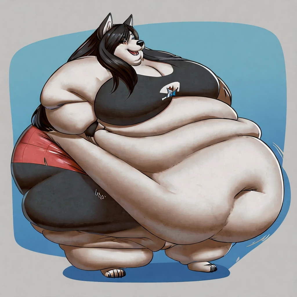 Wolf, female, long hair, morbidly obese,fat arms, fat legs, belly rolls