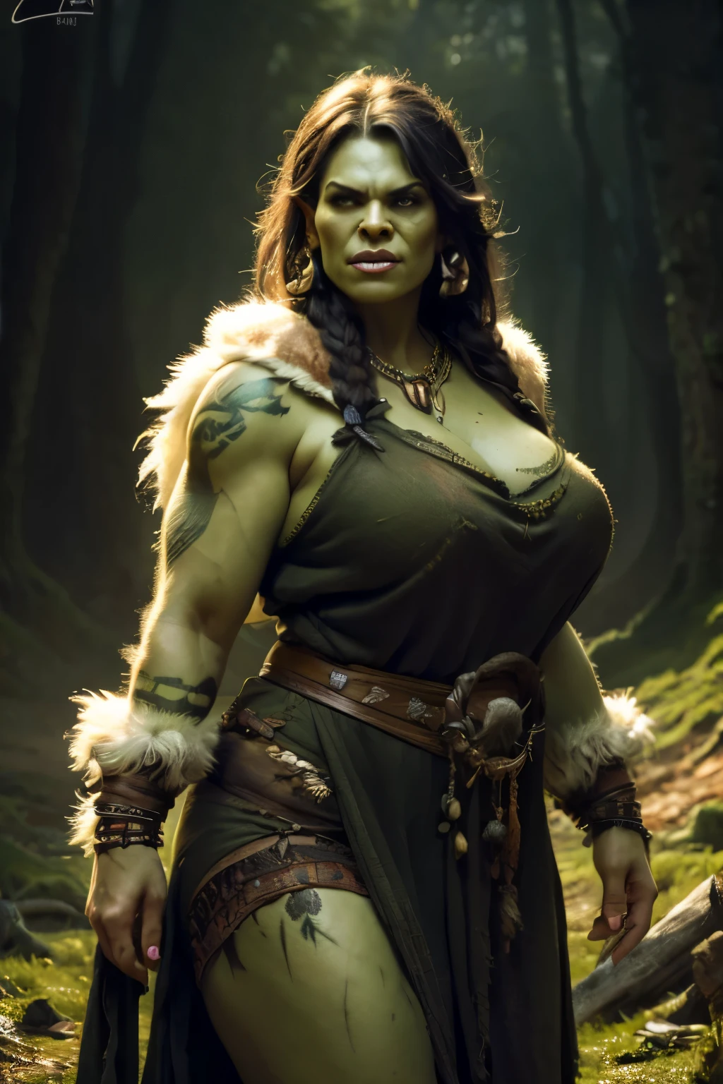 Young orc woman, big fangs, female orc, (green skin) , peaceful expression, dirty clothes and hair, wool and fur clothes, (wearing dirty linen dress), bone jewelry, forest background, natural lighting, tribal tattoos, big body, highly detailed, 4k, photorealistic, dramatic lighting, cinematic, fantasy art, ultra high quality, sharp Focus, orczor