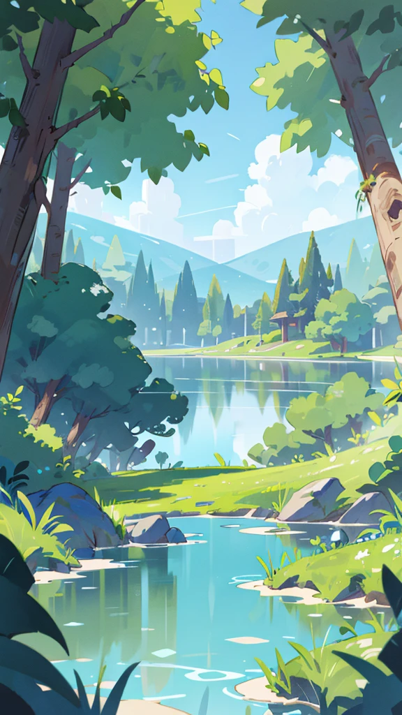 Above is the blue sky,There is a lake in the middle,The lake is blue,Below is the shore,The shore is,Trees on both sides,trees are green