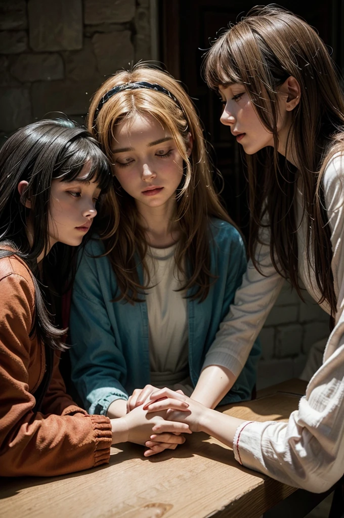 Draw an illustration of Jesus going to see Mary and Martha, They are at the table holding hands and praying. Pentecost. Matthew 22