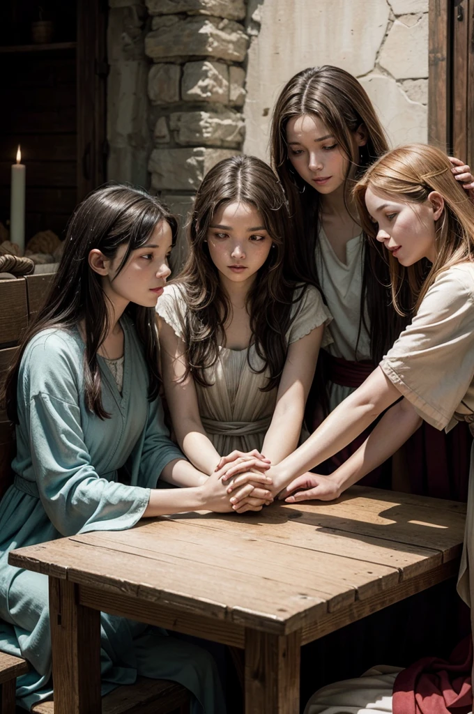 Draw an illustration of Jesus going to see Mary and Martha, They are at the table holding hands and praying. Pentecost. Matthew 22