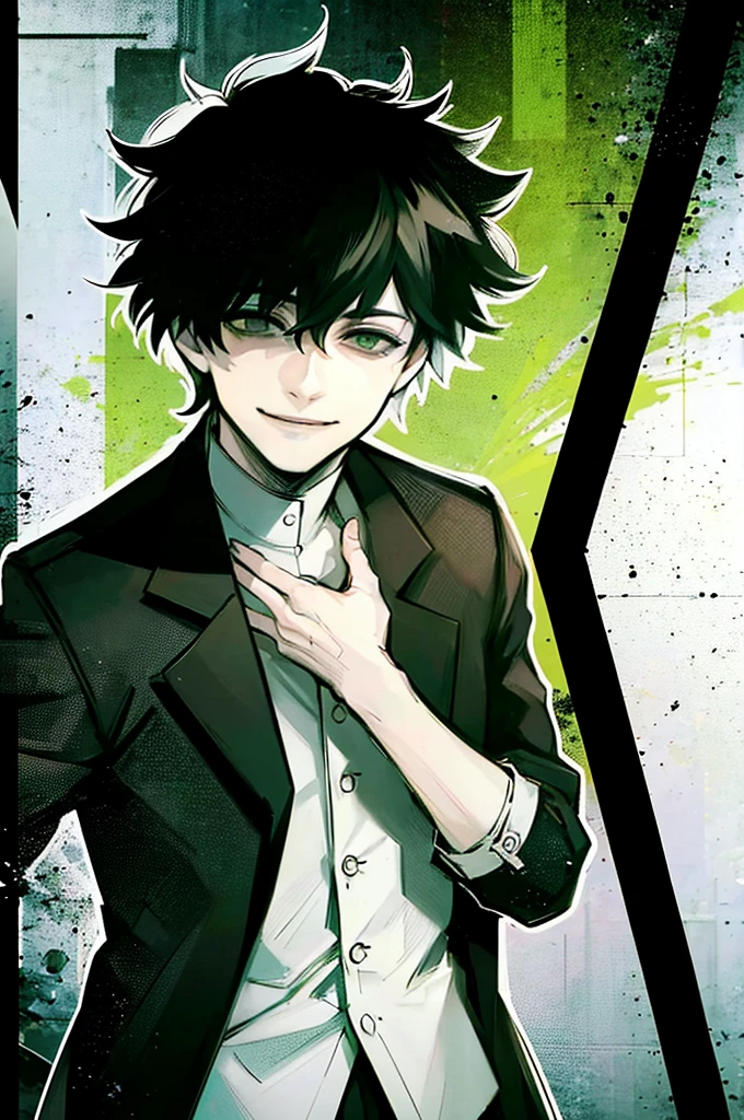 young man, black curly hair, green eyes, smiling, medium hair, wearing a pure white trench coat, wearing black pants, in one city, 4k, detailed, sui ishida art style, detailed eyes,
