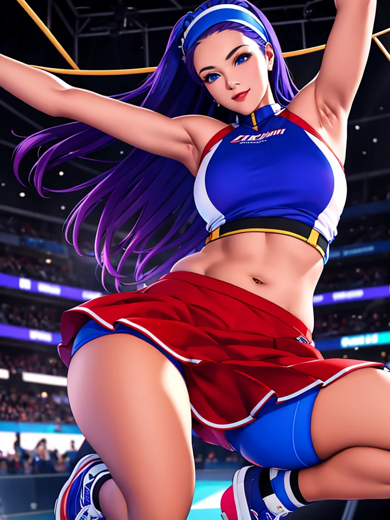 20-year-old woman, alone, alone, athletic, sexy body, wears a red cheerleader skirt and a blue shorts under the skirt, wears a red and blue top, wears blue exercise gloves that cover almost her entire forearm, headband on his head with a star, long blue hair loose, wearing blue sports sneakers, looking at the viewer very happy, cinematic, ultra-sharp focus, award-winning photography, perfect contrast, high sharpness, depth of field. ultra detailed photography, global illumination, fluid, ultra high definition, 8k, Unreal Engine 5, ultra sharp focus, award winning photography, art season trends,
