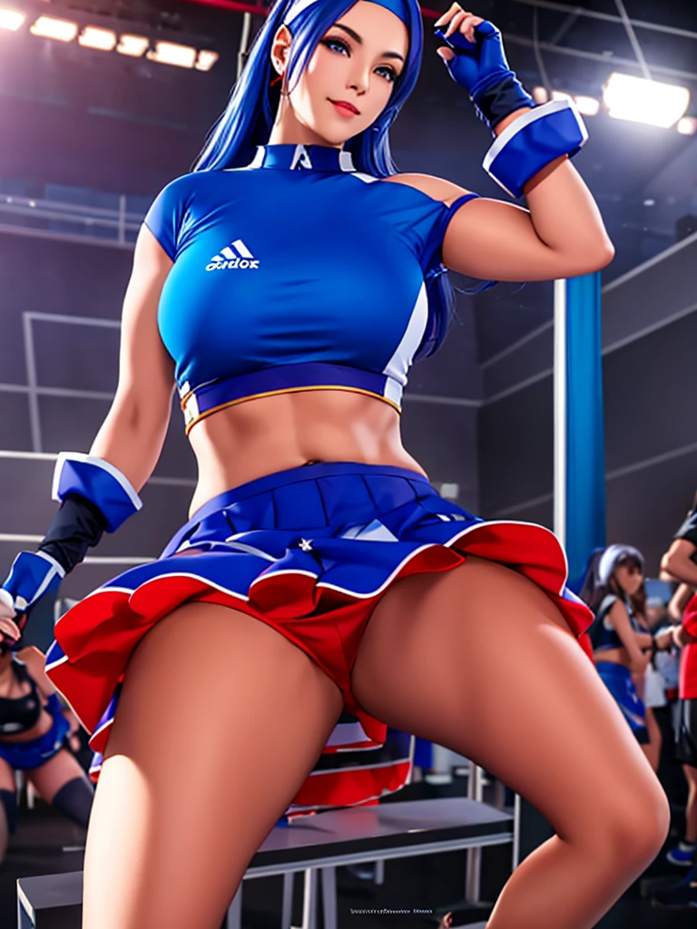 20-year-old woman, alone, alone, athletic, sexy body, wears a red cheerleader skirt and a blue shorts under the skirt, wears a red and blue top, wears blue exercise gloves that cover almost her entire forearm, headband on his head with a star, long blue hair loose, wearing blue sports sneakers, looking at the viewer very happy, cinematic, ultra-sharp focus, award-winning photography, perfect contrast, high sharpness, depth of field. ultra detailed photography, global illumination, fluid, ultra high definition, 8k, Unreal Engine 5, ultra sharp focus, award winning photography, art season trends,