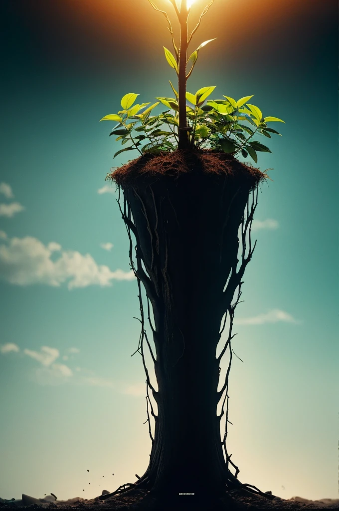 Intensely the film, a captivating poster. The composition exudes cinematic lighting and color gradation. Show a small plant growing, with strong, large roots at the bottom.