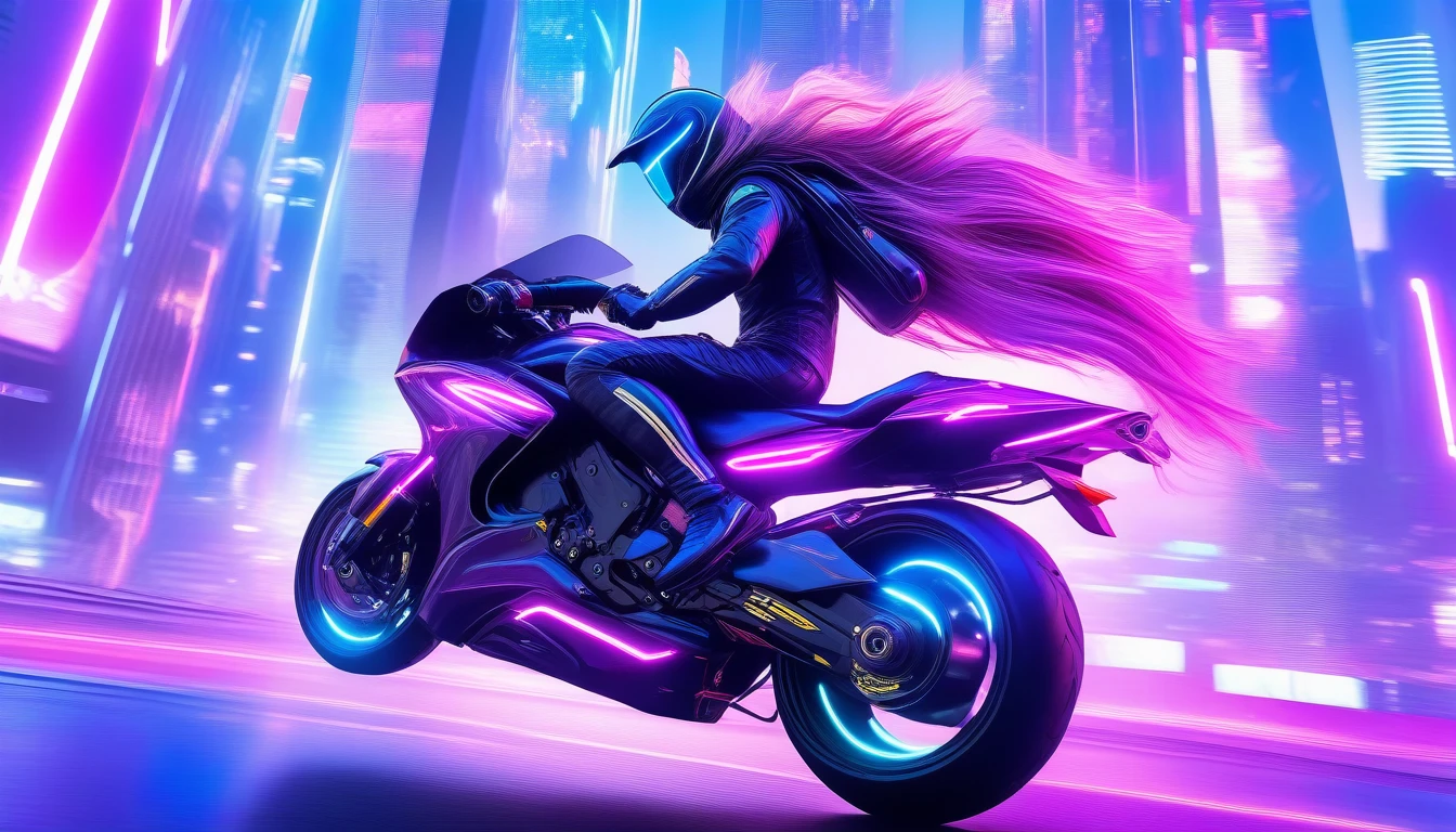 Ultra-realism, ((Masterpiece)), ((Best Quality)), (Very Detailed), ((Very Detailed)), 4K, (8K), very aesthetic, absurdres highres, 1boy, motorcycle, riding, speed lines, motion blur, dynamic pose, wind effects, futuristic city, night, neon lights, pink lighting, blue lighting, purple lighting, holographic display, aerodynamic motorcycle, flashlights, futuristic met, leather suit, high-tech gear, skyscrapers, metallic, cyberpunk, holographic advertisements, strong contrast, speed, exhilaration