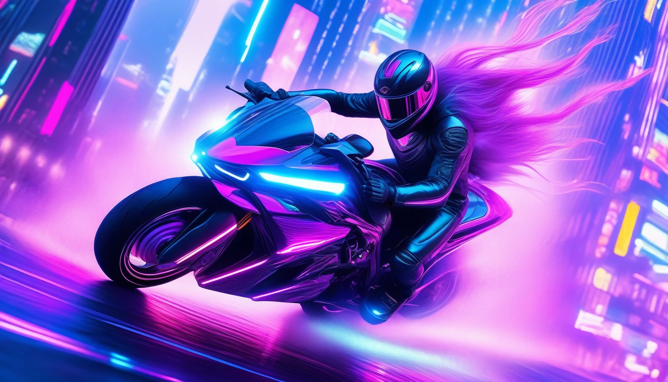 Ultra-realism, ((Masterpiece)), ((Best Quality)), (Very Detailed), ((Very Detailed)), 4K, (8K), very aesthetic, absurdres highres, 1boy, motorcycle, riding, speed lines, motion blur, dynamic pose, wind effects, futuristic city, night, neon lights, pink lighting, blue lighting, purple lighting, holographic display, aerodynamic motorcycle, flashlights, futuristic helmet, leather suit, high-tech gear, skyscrapers, metallic, cyberpunk, holographic advertisements, strong contrast, speed, exhilaration