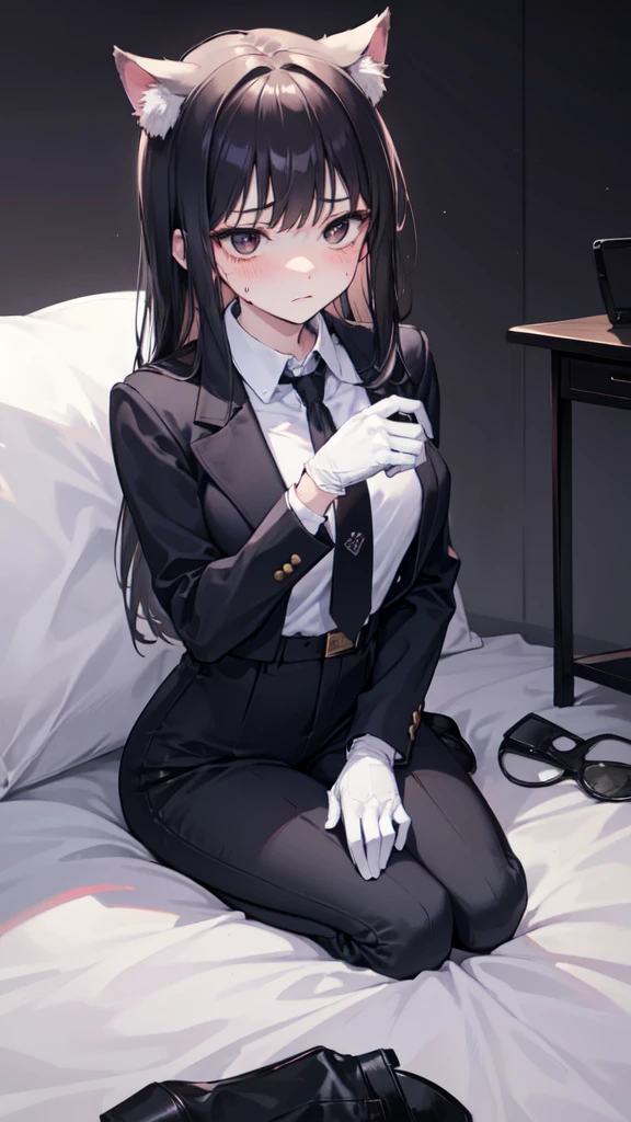 18-year-old girl,cute,Wear a white long-sleeved shirt and a black work tie,Wear black trousers,Wear black booties,Wear white gloves,wear cat ear,Wearing a collar,Black hair,Black eyes,Very thin waist,Very thin legs,Handsome,Disdainful and cold expression,shy,blush,scared,Sweating,tired,Outflow semen,Is giving sexual assault,Glove removal action,pornography,nsf