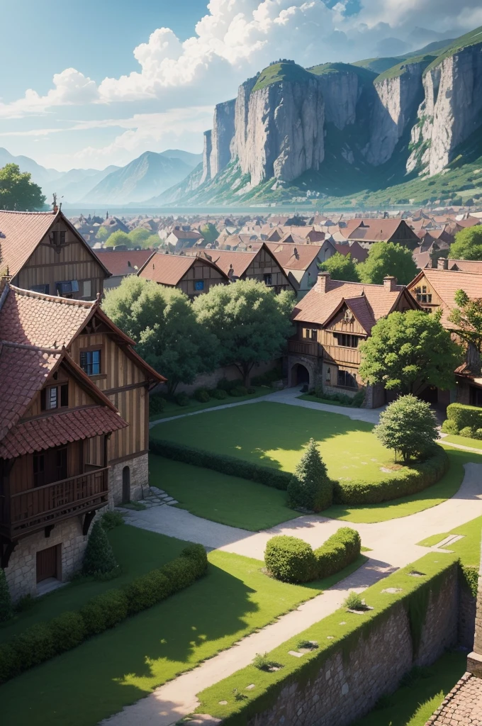 beautiful and elegant scenery of a huge medieval and fantasy-like village nestled between several trees and such, the view should be behind a few village houses to set the dynamic view, the sun is shining brightly from above, cinematic, realistic shading and lighting, 4k, 8k, anime, anime drawing, anime sketch, anime style, anime illustration, anime screenshot