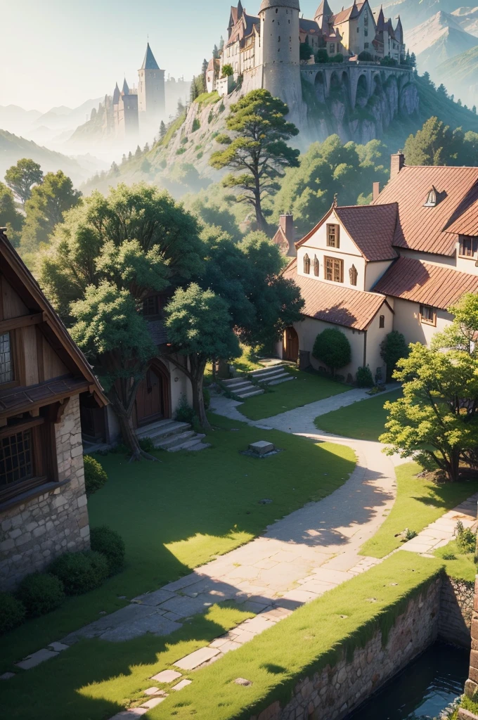 beautiful and elegant scenery of a huge medieval and fantasy-like village nestled between several trees and such, the view should be behind a few village houses to set the dynamic view, the sun is shining brightly from above, cinematic, realistic shading and lighting, 4k, 8k, anime, anime drawing, anime sketch, anime style, anime illustration, anime screenshot