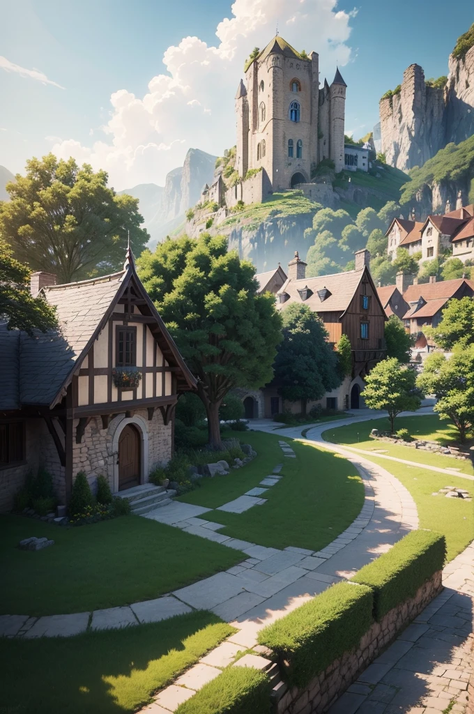 beautiful and elegant scenery of a huge medieval and fantasy-like village nestled between several trees and such, the view should be behind a few village houses to set the dynamic view, the sun is shining brightly from above, cinematic, realistic shading and lighting, 4k, 8k, anime, anime drawing, anime sketch, anime style, anime illustration, anime screenshot  