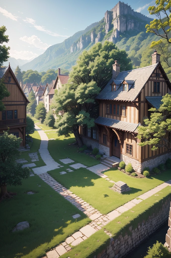 beautiful and elegant scenery of a huge medieval and fantasy-like village nestled between several trees and such, the view should be behind a few village houses to set the dynamic view, the sun is shining brightly from above, cinematic, realistic shading and lighting, 4k, 8k, anime, anime drawing, anime sketch, anime style, anime illustration, anime screenshot  