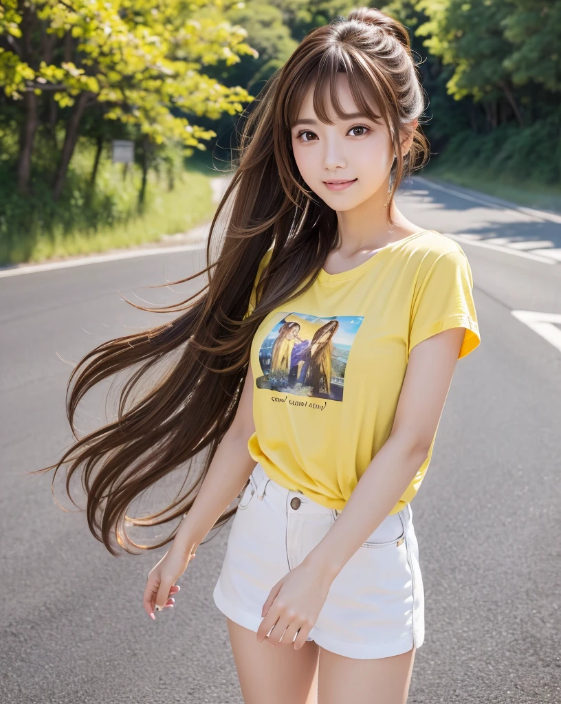 (Highest quality, 32k, High resolution, Masterpiece:1.5, ), marimo_jet, god々A photograph with brilliant dazzling and healing power., Evoking a sense of calm and elusive beauty, Expressing emotions, Have a rich imagination, The road to the horizon, Nostalgic scenery of youth, Beautiful Japanese Girls, An exceptionally beautiful face, Small Face Beauty, Perfect Human Anatomy, Magical big eyes, Motherhood and generosity, Deep Love, fleeting smile, ((Shiny brown hair:1.1)), ((A beautiful ponytail swaying in the wind)), Asymmetrical bangs, Hair between the eyes, Transparent, soft white skin, Sharp eyebrows, Thin lashes, Natural Makeup, Cheek highlighter, Pale pink detailed lips, (Yellow T-shirt:1.3), ((High resolutionの美しい太もも, Beautiful legs), ((Narrow country road)), Beautifully detailed skies, Professional Photographer, Professional Lighting, Professional Model