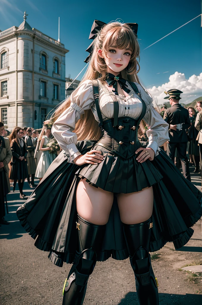 1girl, solo, smile, hands on hips,  underbust, Penny Polendina, long hair, neck ribbon, suspender skirt, corset, black bow, white blouse, mechanical legs, neon trim, outdoors, military wedding, lavish wedding reception, on hillside, overlooking coast, sea, crowd, (crowd in military dress),
