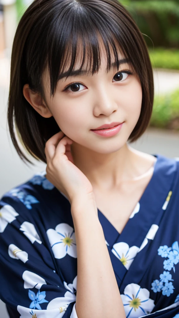 Best-quality, Masterpiece, Ultra-High-Resolution, (Photorealistic:1.4), Raw-Photo, 1girl, lesbian, -yeld, thost popular Japanese idol, extremely cute face like the most famous Japanese idol, extremely beautiful big-black-eyes, extremely beautiful short-hair, extremely beautiful skins, extremely beautiful lips, extremely beautiful extremely short body, having a lot of fun at Japanese hot spring inn, wearing Japanese-YUKATA, detailed Japanese-YUKATA