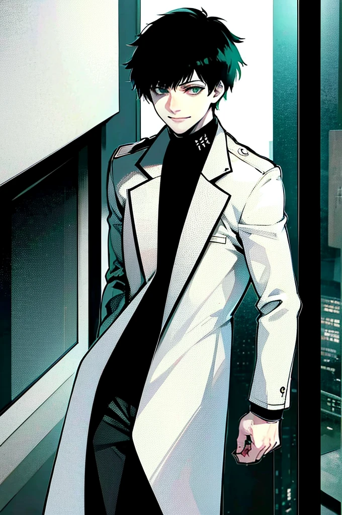 young man, black medium hair, green eyes, smiling, medium hair, wearing a pure white trench coat, wearing black pants, in one city, 4k, detailed, sui ishida art style, detailed eyes,
