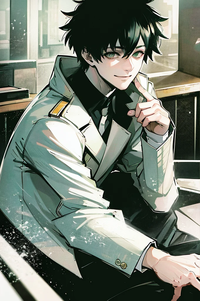 young man, black medium hair, green eyes, smiling, medium hair, wearing a pure white trench coat, wearing black pants, in one city, 4k, detailed, sui ishida art style, detailed eyes,
