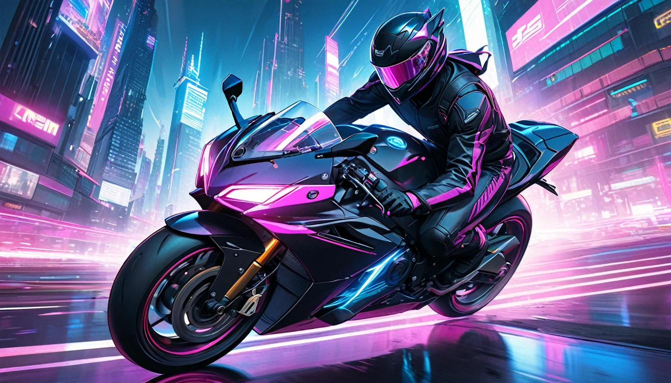 ((Masterpiece)), ((Best Quality)), (Very Detailed), ((Very Detailed)), 4K, (8K), very aesthetic, absurdres highres, 1boy, motorcycle, riding, speed lines, motion blur, dynamic pose, wind effects, futuristic city, night, neon lights, pink lighting, blue lighting, purple lighting, holographic display, aerodynamic motorcycle, flashlights, futuristic helmet, leather suit, high-tech gear, skyscrapers, metallic, cyberpunk, holographic advertisements, strong contrast, speed, exhilaration