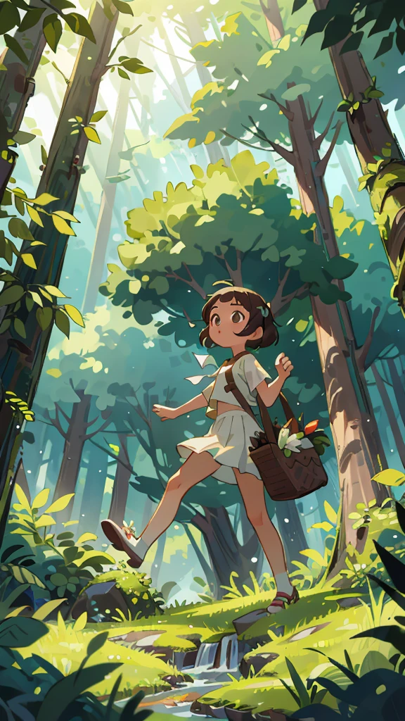 Masterpiece, summer, a girl, short white skirt, heading to the depths of the forest, greenery, forest, freshness