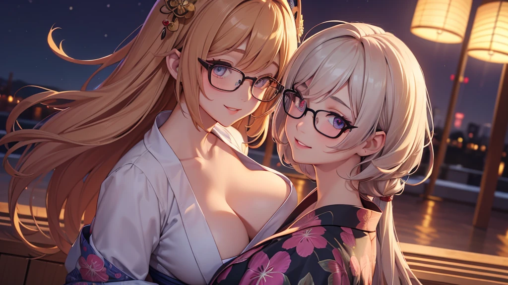 1 girl, stand, glasses, big breasts, unbuttoned dark yukata, loose hair, smiling at you, blush, night light, detailed anime face, beautiful eyes, detailed hand, long eyelashes, detailed lips, detailed skin, intricate details, elegant, beautiful lighting, warm colors, cinematic, soft focus, masterpiece, 8k, ultra-detailed, (best quality, 4k, 8k, highres, masterpiece:1.2), ultra-detailed