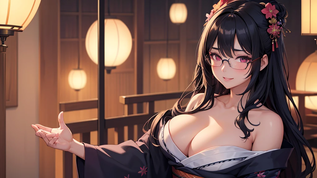 1 girl, stand, glasses, big breasts, unbuttoned dark yukata, loose hair, smiling at you, blush, night light, detailed anime face, beautiful eyes, detailed hand, long eyelashes, detailed lips, detailed skin, intricate details, elegant, beautiful lighting, warm colors, cinematic, soft focus, masterpiece, 8k, ultra-detailed, (best quality, 4k, 8k, highres, masterpiece:1.2), ultra-detailed