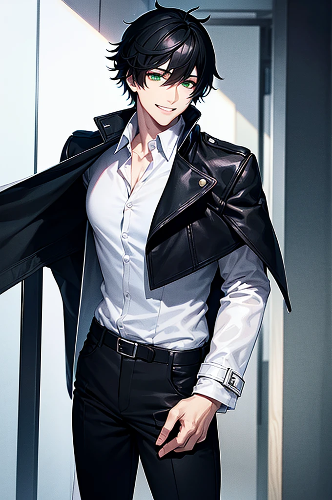 young man, black medium hair, green eyes, smiling, medium hair, wearing a pure white trench coat, wearing black pants, in one city, 4k, detailed, sui ishida art style, detailed eyes,
