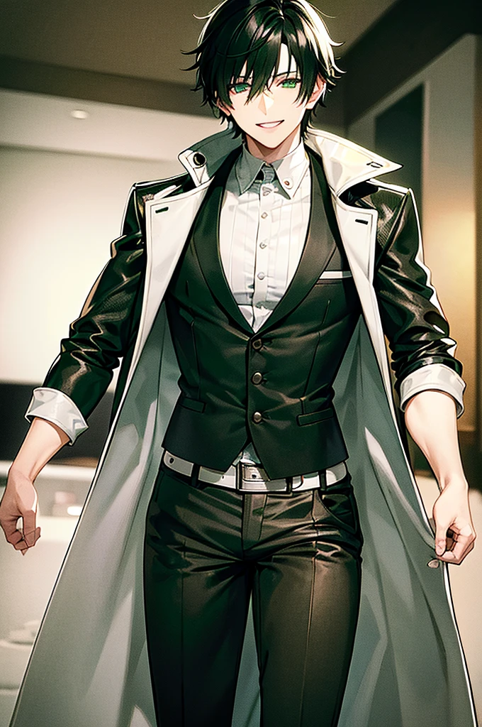 young man, black medium hair, green eyes, smiling, medium hair, wearing a pure white trench coat, wearing black pants, in one city, 4k, detailed, sui ishida art style, detailed eyes,
