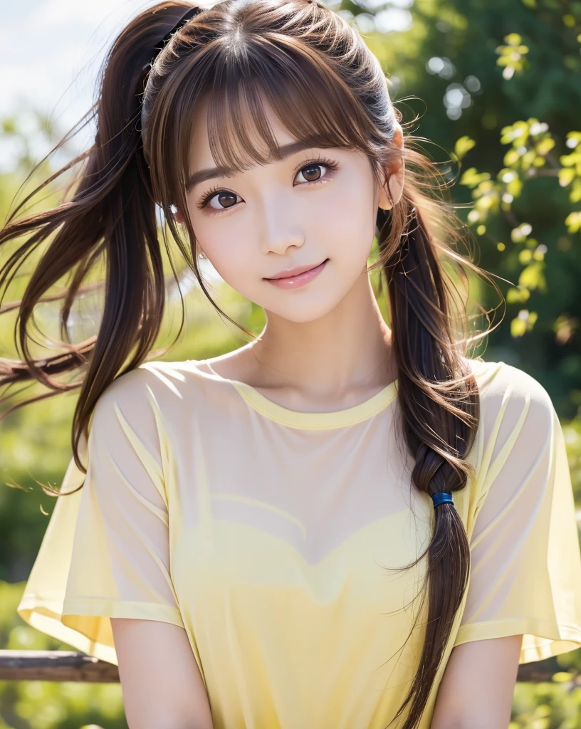 (Highest quality, 32k, High resolution, Masterpiece:1.5, ), marimo_jet, god々A photograph with brilliant dazzling and healing power., Evoking a sense of calm and elusive beauty, Expressing emotions, Have a rich imagination, The road to the horizon, Nostalgic scenery of youth, Beautiful Japanese Girls, An exceptionally beautiful face, Small Face Beauty, Perfect Human Anatomy, Magical big eyes, Motherhood and generosity, Deep Love, fleeting smile, ((Shiny brown hair:1.1)), ((A beautiful ponytail swaying in the wind)), Asymmetrical bangs, Hair between the eyes, Transparent, soft white skin, Sharp eyebrows, Thin lashes, Natural Makeup, Cheek highlighter, Pale pink detailed lips, (Yellow T-shirt:1.3), ((High resolutionの美しい太もも, Beautiful legs), ((Narrow country road)), Beautifully detailed skies, Morning sunlight, Professional Photographer, Professional Lighting, Professional Model
