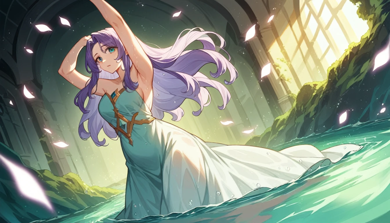 (YES NSFW). WhiteWetWear 76 years old purple hair woman in a white dress standing in a body of water, gorgeous 76yo woman, very beautiful elven top model, teal tunic, arms up, gorgeous sage lady, closeup fantasy with water magic, indoor cave, stunning elegant pose, pale tunic, flowing dress, cute old woman, beautiful female chubby model, beautiful goddess, wearing a dress made of water, Veridian dress, stunning woman, varied poses, rainfall, soaked, dripping wet, sunlight. Ultra photoreal shot. High details, Backlit. Diffuse lights. Viewed from afar. Dutch angle.