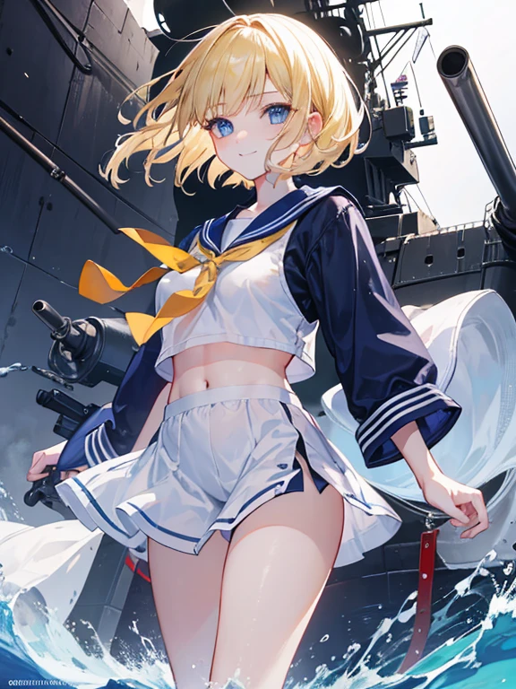 {{masterpiece, Highest quality, Highly detailed CG, unity 8k wallpaper, Cinema Lighting, }}, Sony a7, Wide Frame, South Pacific, During the war with Asian countries, Winds blowing on the Aegis ship, 1 Girl, whole body, smile, She is a US Navy sailor., White people, 20-year-old, smile, Blonde, Short Bob, blue eyes , Long eyelashes ,