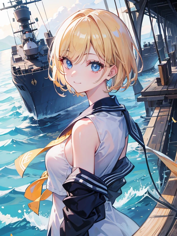 {{masterpiece, Highest quality, Highly detailed CG, unity 8k wallpaper, Cinema Lighting, }}, Sony a7, Wide Frame, South Pacific, During the war with Asian countries, Winds blowing on the Aegis ship, 1 Girl, whole body, smile, She is a US Navy sailor., White people, 20-year-old, smile, Blonde, Short Bob, blue eyes , Long eyelashes ,