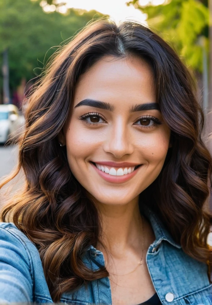 Create an image of a Latina woman taking a selfie. She has long, dark, wavy hair and is wearing casual yet stylish clothing. The setting is a bright, lively outdoor location, perhaps a city street or a park, with vibrant colors in the background. She is smiling warmly, holding her smartphone at arm's length, with her face and upper body clearly visible in the frame. The lighting is natural, emphasizing her features and the vividness of the surroundings. Make sure the overall atmosphere is cheerful and energetic.