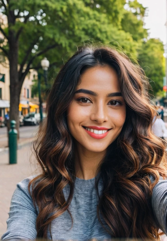 Create an image of a Latina woman taking a selfie. She has long, dark, wavy hair and is wearing casual yet stylish clothing. The setting is a bright, lively outdoor location, perhaps a city street or a park, with vibrant colors in the background. She is smiling warmly, holding her smartphone at arm's length, with her face and upper body clearly visible in the frame. The lighting is natural, emphasizing her features and the vividness of the surroundings. Make sure the overall atmosphere is cheerful and energetic.