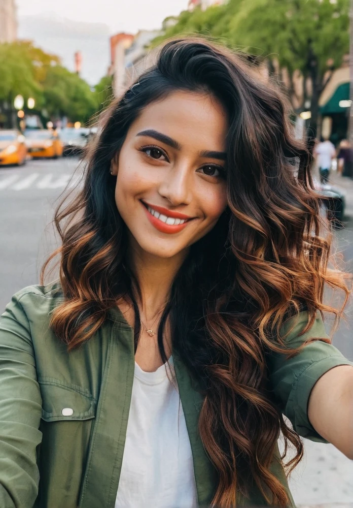 Create an image of a Latina woman taking a selfie. She has long, dark, wavy hair and is wearing casual yet stylish clothing. The setting is a bright, lively outdoor location, perhaps a city street or a park, with vibrant colors in the background. She is smiling warmly, holding her smartphone at arm's length, with her face and upper body clearly visible in the frame. The lighting is natural, emphasizing her features and the vividness of the surroundings. Make sure the overall atmosphere is cheerful and energetic.