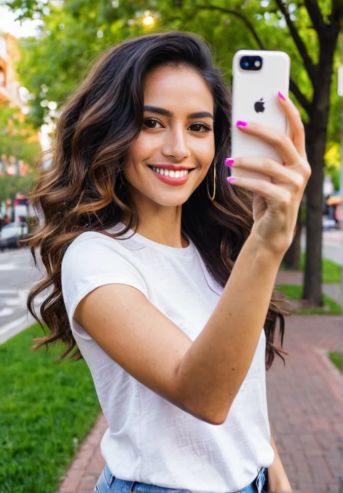 Create an image of a Latina woman taking a selfie. She has long, dark, wavy hair and is wearing casual yet stylish clothing. The setting is a bright, lively outdoor location, perhaps a city street or a park, with vibrant colors in the background. She is smiling warmly, holding her smartphone at arm's length, with her face and upper body clearly visible in the frame. The lighting is natural, emphasizing her features and the vividness of the surroundings. Make sure the overall atmosphere is cheerful and energetic.