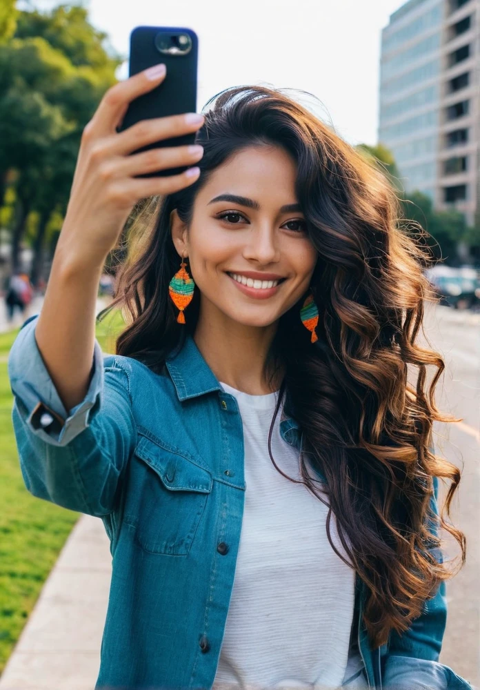 Create an image of a Latina woman taking a selfie. She has long, dark, wavy hair and is wearing casual yet stylish clothing. The setting is a bright, lively outdoor location, perhaps a city street or a park, with vibrant colors in the background. She is smiling warmly, holding her smartphone at arm's length, with her face and upper body clearly visible in the frame. The lighting is natural, emphasizing her features and the vividness of the surroundings. Make sure the overall atmosphere is cheerful and energetic.