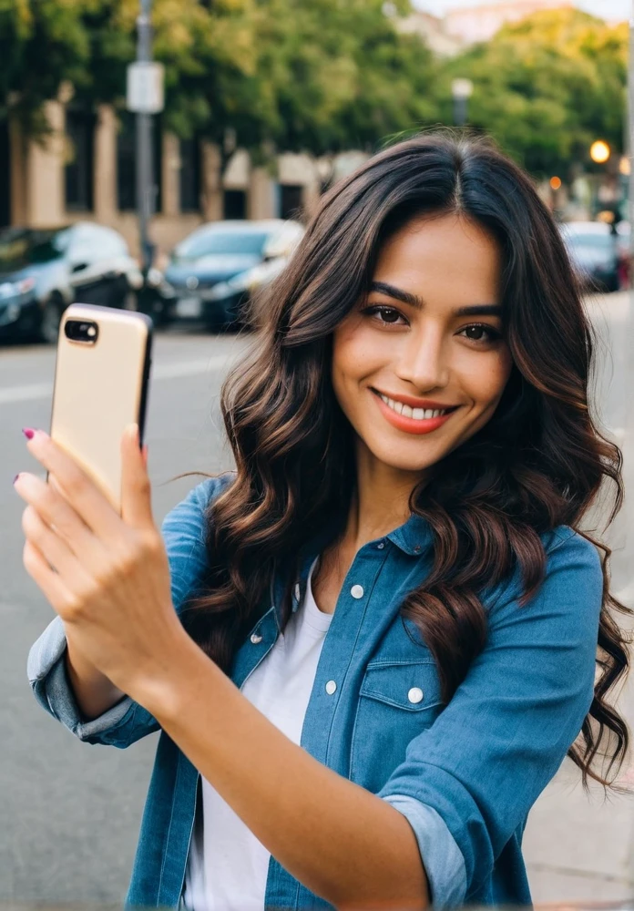 Create an image of a Latina woman taking a selfie. She has long, dark, wavy hair and is wearing casual yet stylish clothing. The setting is a bright, lively outdoor location, perhaps a city street or a park, with vibrant colors in the background. She is smiling warmly, holding her smartphone at arm's length, with her face and upper body clearly visible in the frame. The lighting is natural, emphasizing her features and the vividness of the surroundings. Make sure the overall atmosphere is cheerful and energetic.